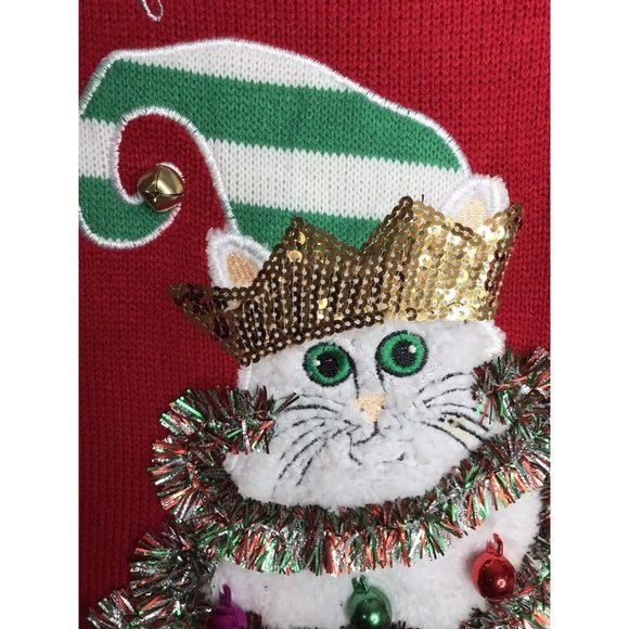 33 Degrees Purr..Fect Cat Jingle Bells Elf Hat Ugly Christmas Sweater Large New - Picture 5 of 9